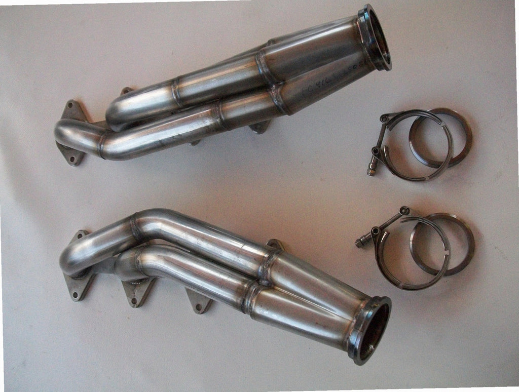 3 Valve Racing Turbo Headers — detail view of merge collector, flex bellow joint, and V-band connection