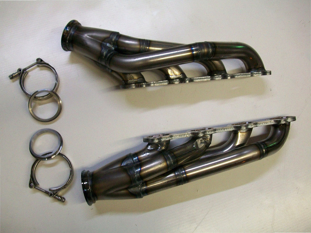 4.6 4V Turbo Headers A/C Delete Pulley — facing-forward tubular turbo headers in mild steel with V-band flanges and CNC head flanges