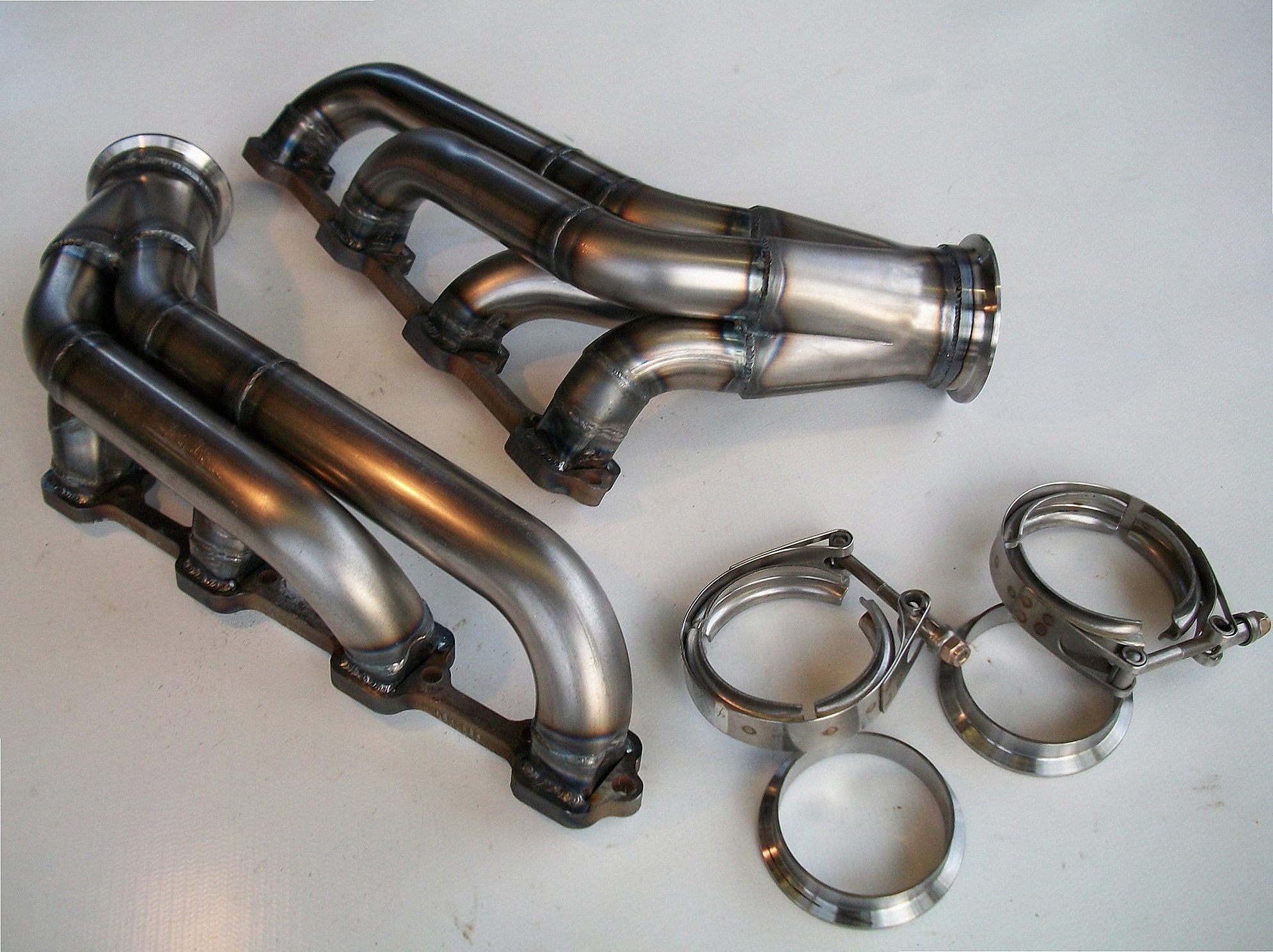 5.0 Mustang Turbo Headers — detail of crossover pipe, flex bellow, or starter downpipe
