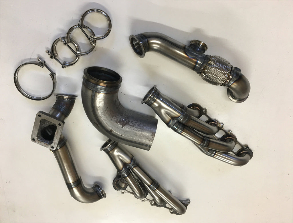 5.0 Coyote 10-14 TO6 Turbo Race Kit — detail view of merge collector, flex bellow joint, and V-band connection