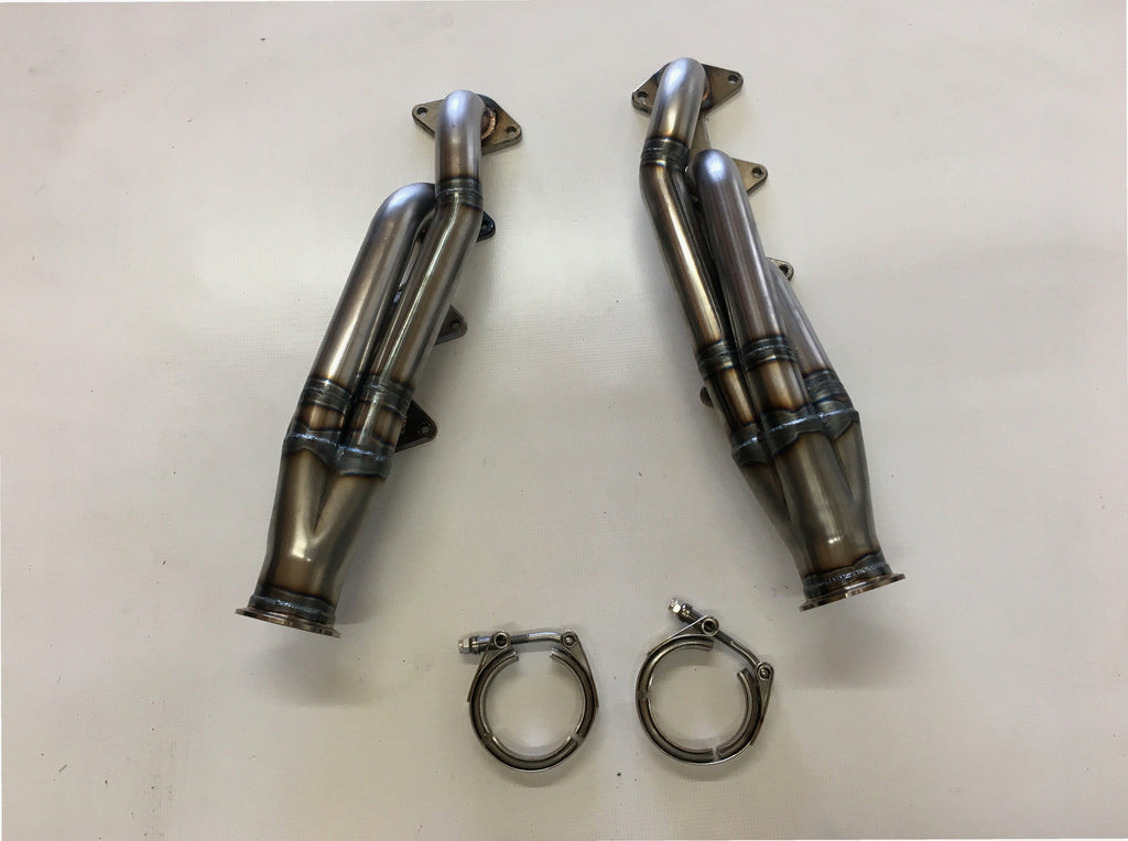 5.4 3 V Facing Forward Headers — facing-forward tubular turbo headers in mild steel with V-band flanges and CNC head flanges