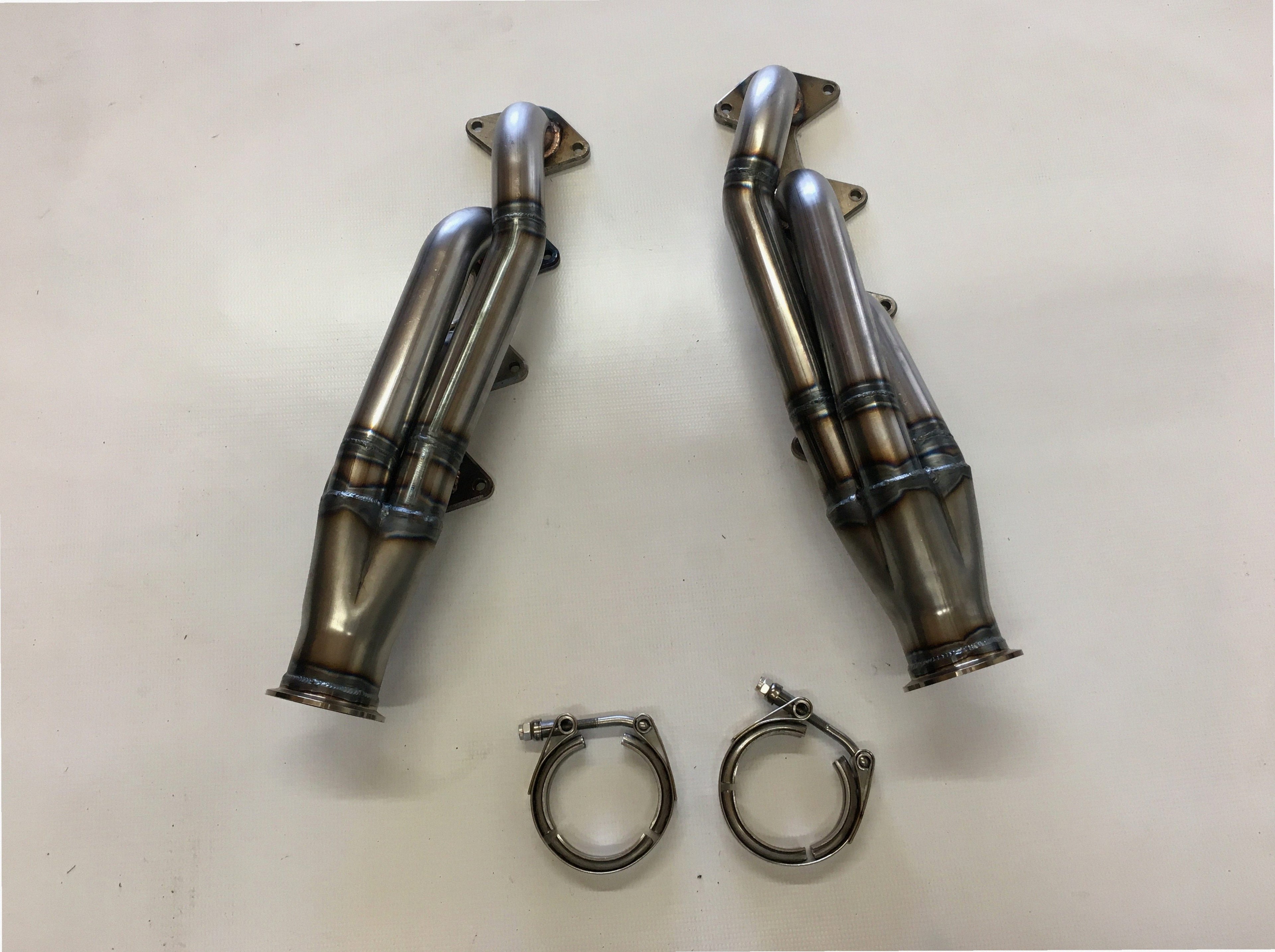 5.4 3 V Facing Forward Headers — facing-forward tubular turbo headers in mild steel with V-band flanges and CNC head flanges