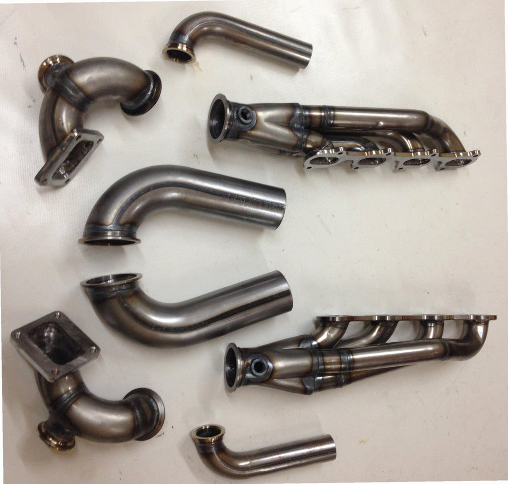 5.4 4V Twin Turbo Hotside — complete turbo hot-side kit with mild steel tubular headers, crossover pipe with flex bellow, starter downpipe, and turbo mount flange