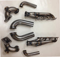5.4 4V Twin Turbo Hotside — complete turbo hot-side kit with mild steel tubular headers, crossover pipe with flex bellow, starter downpipe, and turbo mount flange