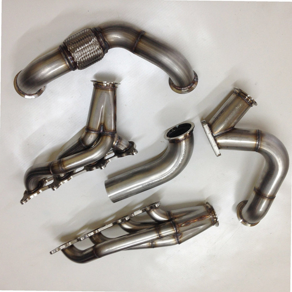 Coyote Swap Drag Kit — detail view of merge collector, flex bellow joint, and V-band connection