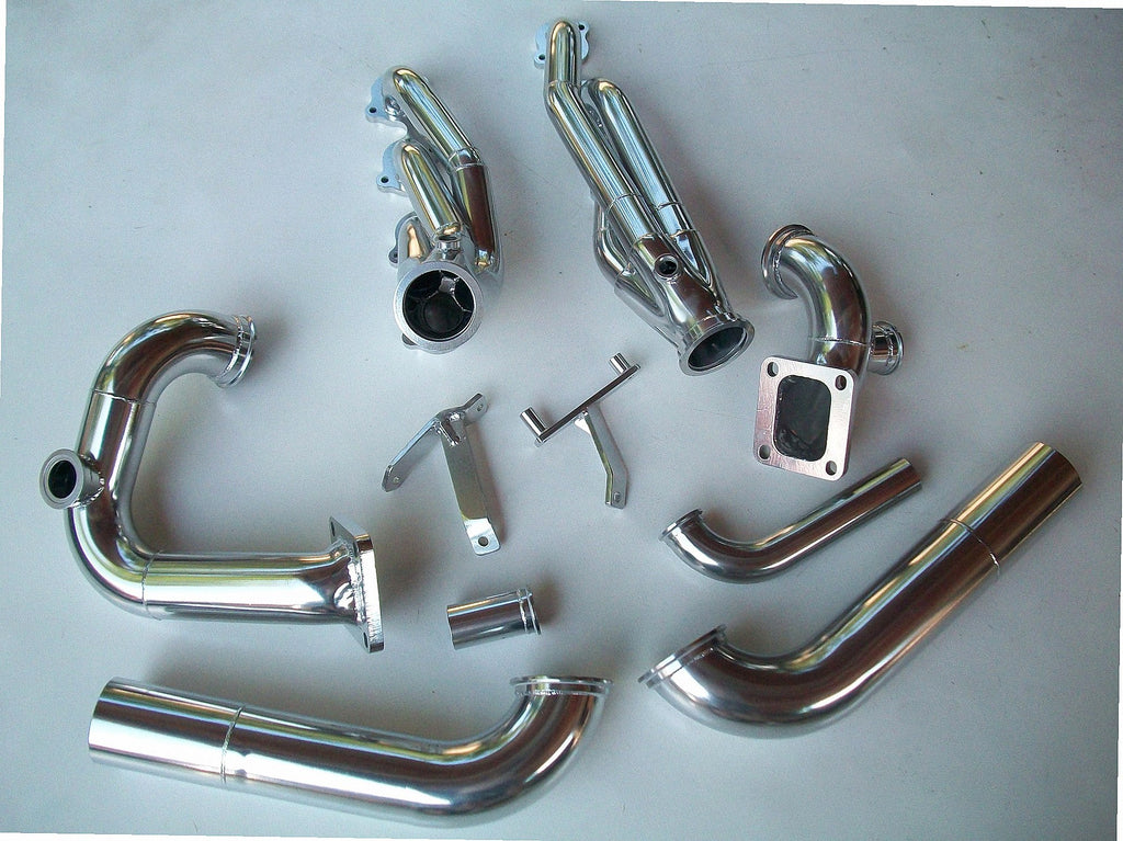 4.6 2V Twin Turbo Hotside — detail view of merge collector, flex bellow joint, and V-band connection