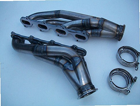 4.6 4V Turbo Headers — facing-forward tubular turbo headers in mild steel with V-band flanges and CNC head flanges
